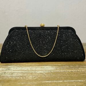Vintage Clutch Purse Whimsygoth Glam Eclectic Black Sparkle Gold Chain formal